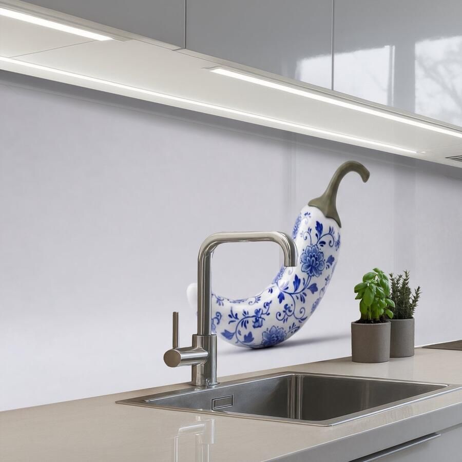KitchenYeah Keuken achterwand 300x80 cm Spatscherm zelfklevend Chilipeper Keramiek Blauw Muurbeschermer Spatwand fornuis