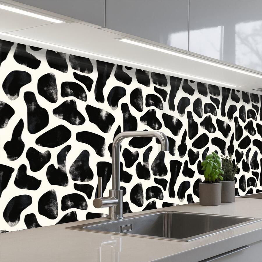 KitchenYeah Keuken achterwand 300x80 cm Spatscherm zelfklevend Dierenpatroon Vlekken Zwart Wit Muurbeschermer Spatwand fornuis