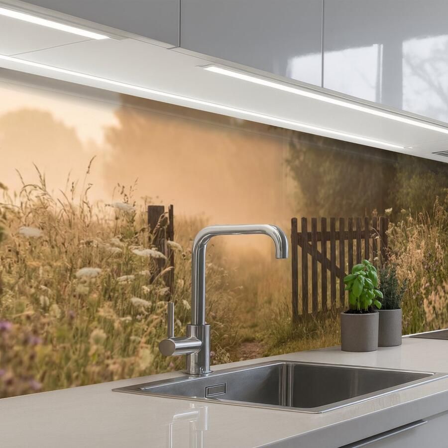 KitchenYeah Keuken achterwand 300x80 cm Spatscherm zelfklevend Hek Natuur Mist Veld Muurbeschermer Spatwand fornuis