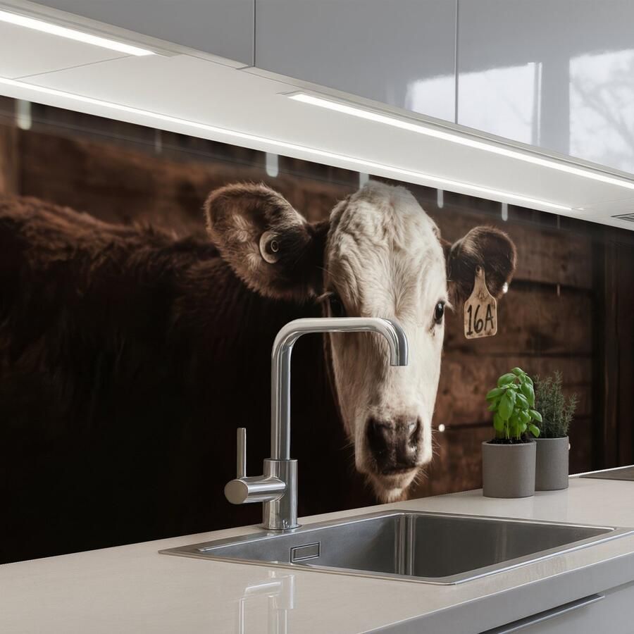 KitchenYeah Keuken achterwand 300x80 cm Spatscherm zelfklevend Kalf Oormerk Houten stal Muurbeschermer Spatwand fornuis