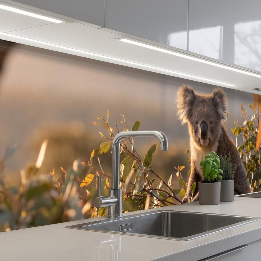 KitchenYeah Keuken achterwand 300x80 cm Spatscherm zelfklevend Koala Bladeren Ochtendlicht Muurbeschermer Spatwand fornuis