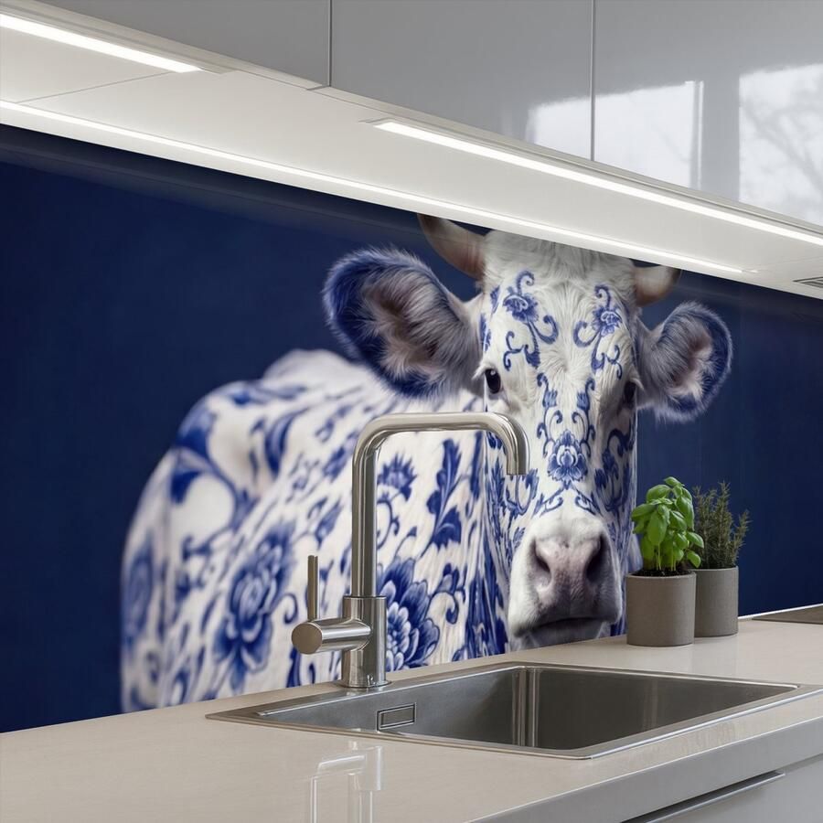 KitchenYeah Keuken achterwand 300x80 cm Spatscherm zelfklevend Koe Delfts Blauw Artistiek Muurbeschermer Spatwand fornuis
