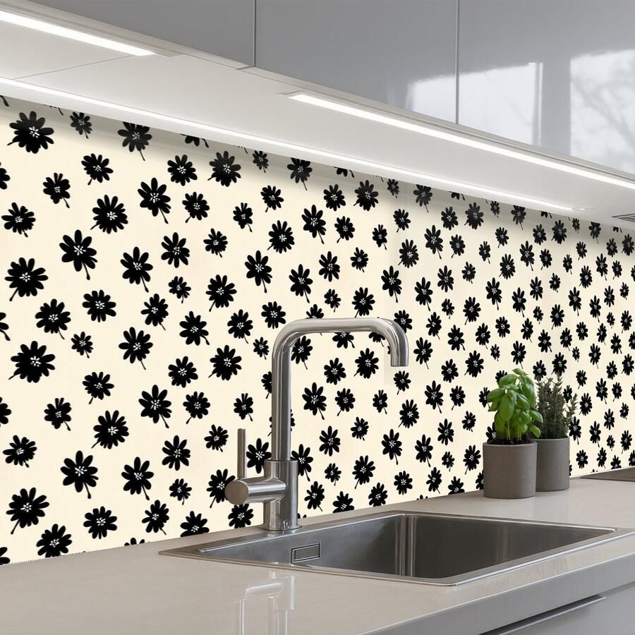 KitchenYeah Keuken achterwand 300x80 cm Spatscherm zelfklevend Madeliefjes Grafisch Zwart Beige Muurbeschermer Spatwand fornuis