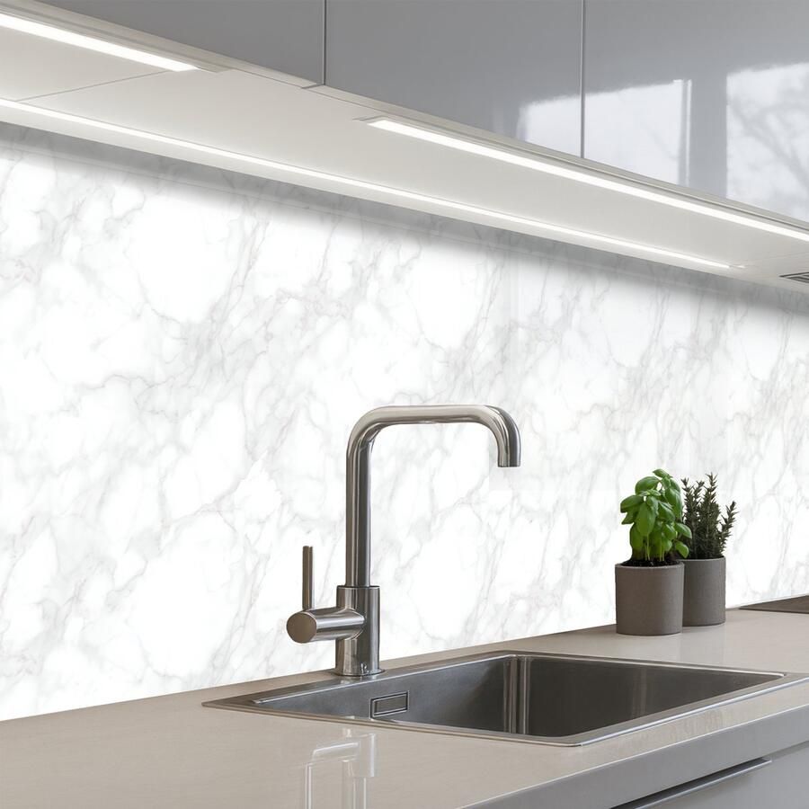 KitchenYeah Keuken achterwand 300x80 cm Spatscherm zelfklevend Minimalistisch Wit Grijze aders Muurbeschermer Spatwand fornuis