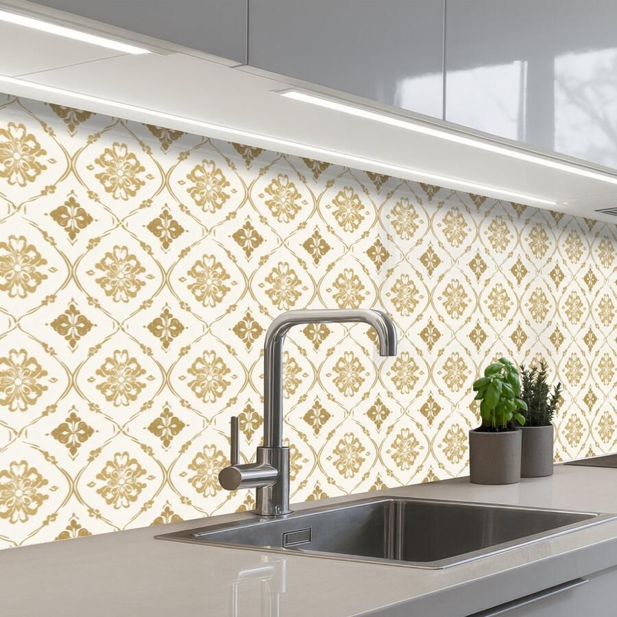 KitchenYeah Keuken achterwand 300x80 cm Spatscherm zelfklevend Ornament Klassiek Goud Muurbeschermer Spatwand fornuis