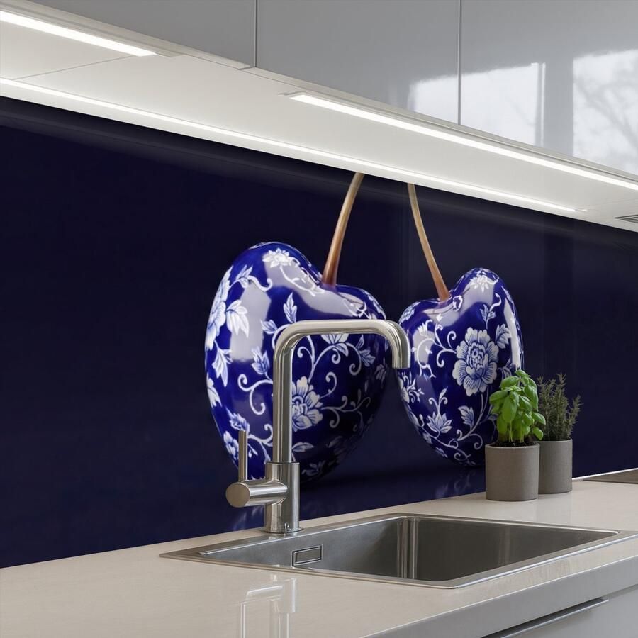 KitchenYeah Keuken achterwand 300x80 cm Spatscherm zelfklevend Porselein- Kersen Delfts Blauw Muurbeschermer Spatwand fornuis