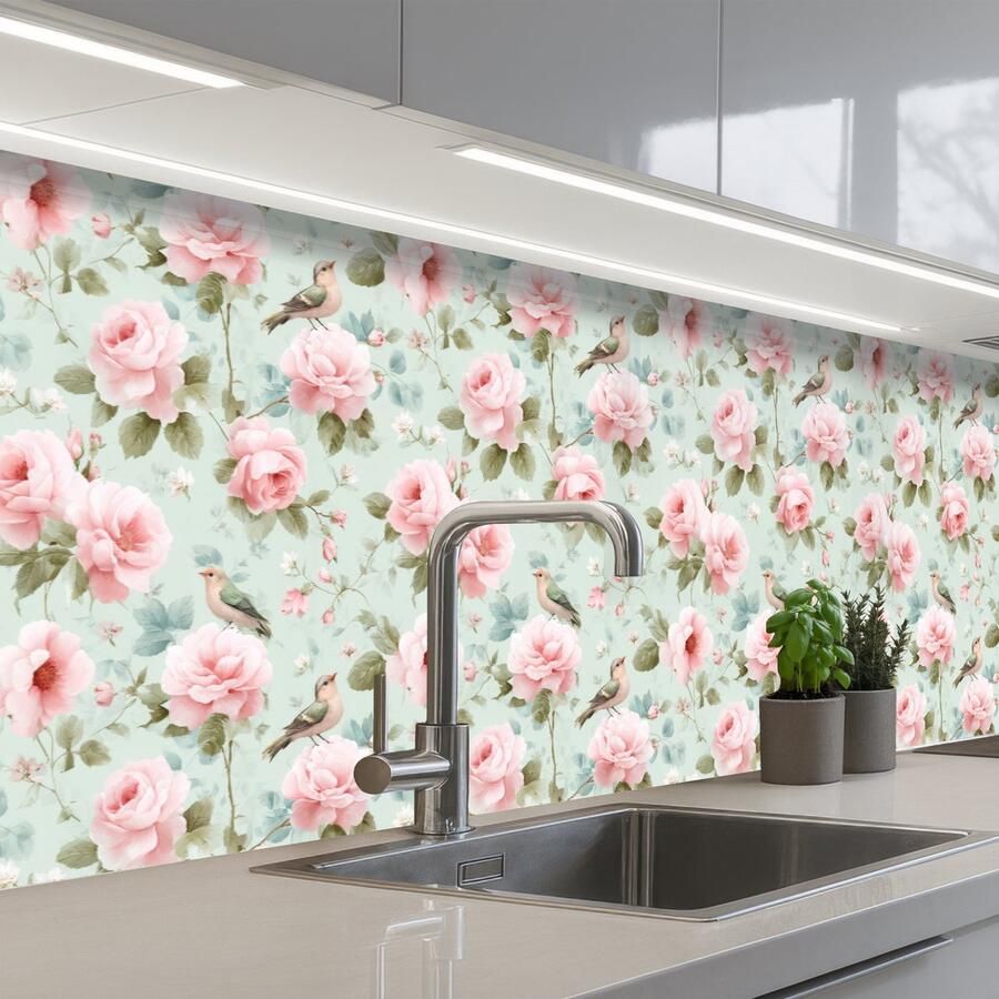 KitchenYeah Keuken achterwand 300x80 cm Spatscherm zelfklevend Rozen Vogels Pastel Kleurrijk Muurbeschermer Spatwand fornuis