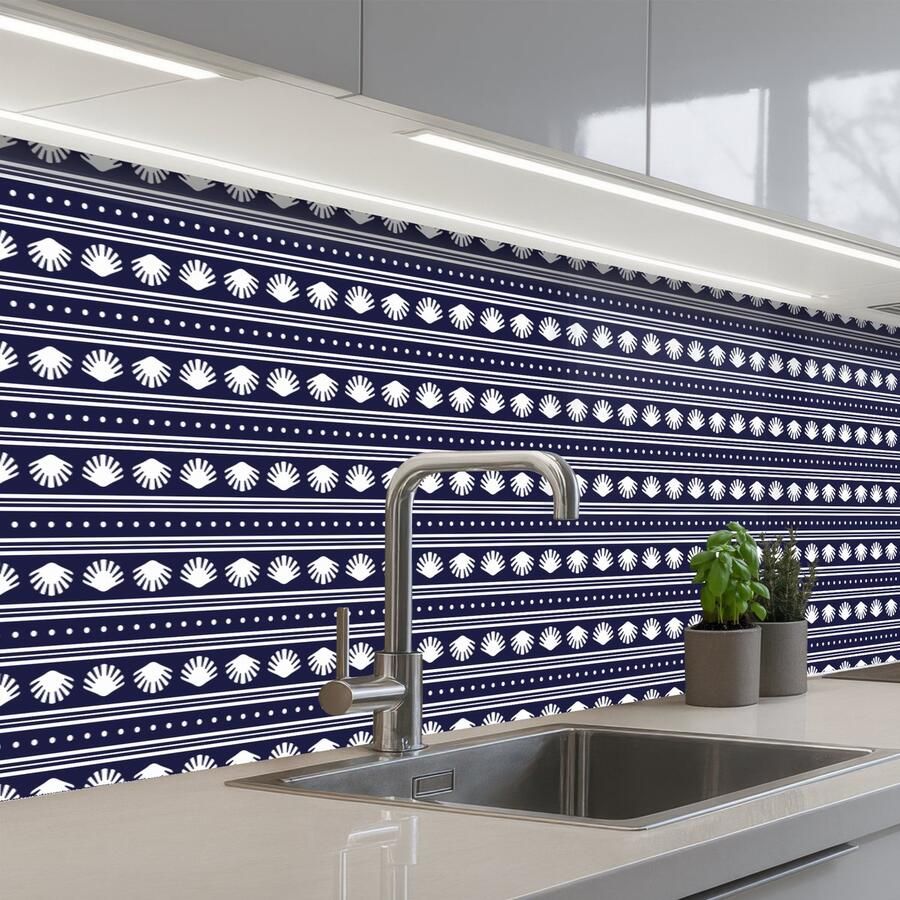 KitchenYeah Keuken achterwand 300x80 cm Spatscherm zelfklevend Schelp Nautisch Blauw Wit Muurbeschermer Spatwand fornuis