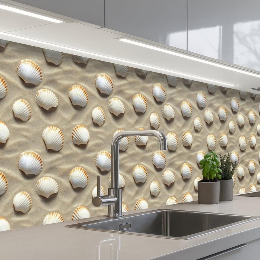 KitchenYeah Keuken achterwand 300x80 cm Spatscherm zelfklevend Schelpen Zand Maritiem Muurbeschermer Spatwand fornuis