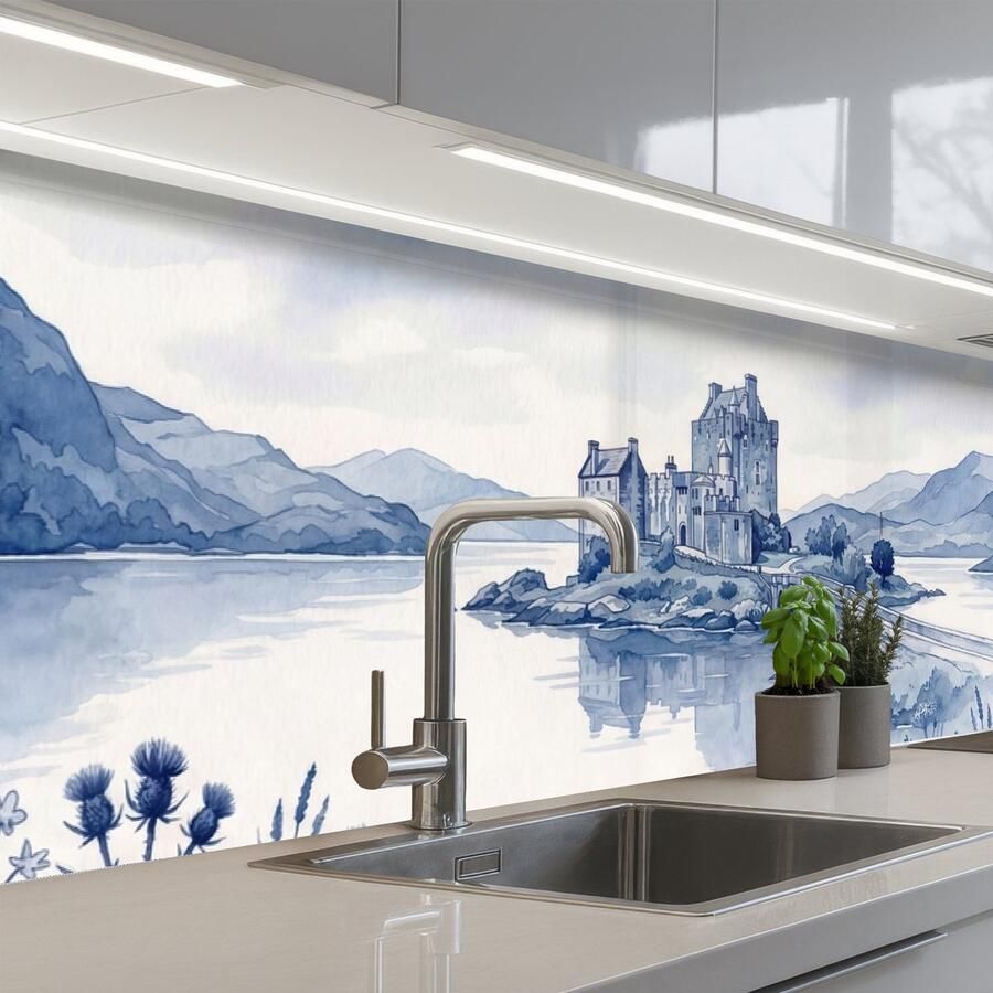 KitchenYeah Keuken achterwand 300x80 cm Spatscherm zelfklevend Schots Kasteel Blauw Aquarel Muurbeschermer Spatwand fornuis