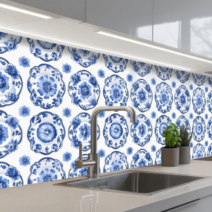 KitchenYeah Keuken achterwand 300x80 cm Spatscherm zelfklevend Sierborden Bloemen Blauw Muurbeschermer Spatwand fornuis