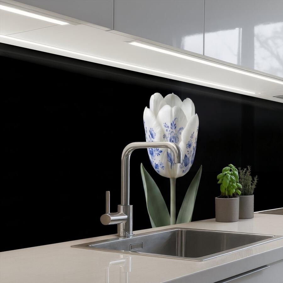 KitchenYeah Keuken achterwand 300x80 cm Spatscherm zelfklevend Tulp Patroon Blauw Muurbeschermer Spatwand fornuis