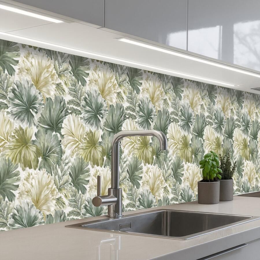 KitchenYeah Keuken achterwand 350x60 cm Spatscherm zelfklevend Bladeren Botanisch Groen Muurbeschermer Spatwand fornuis