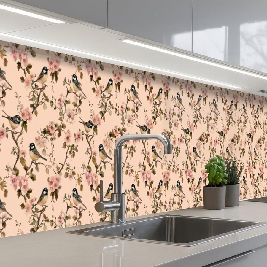 KitchenYeah Keuken achterwand 350x60 cm Spatscherm zelfklevend Bloesem Koolmees Roze Muurbeschermer Spatwand fornuis