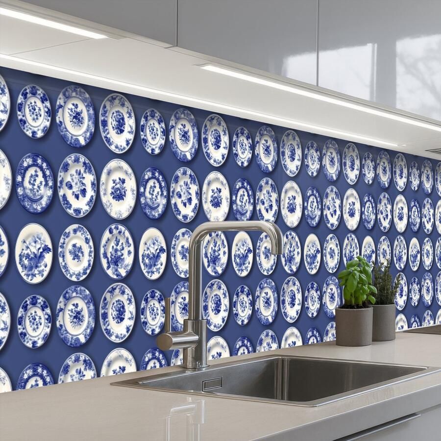 KitchenYeah Keuken achterwand 350x60 cm Spatscherm zelfklevend Borden Floraal Blauw Muurbeschermer Spatwand fornuis