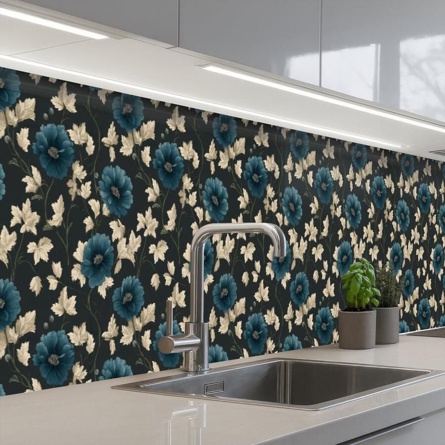 KitchenYeah Keuken achterwand 350x60 cm Spatscherm zelfklevend Botanisch Bloemen Blauw Muurbeschermer Spatwand fornuis