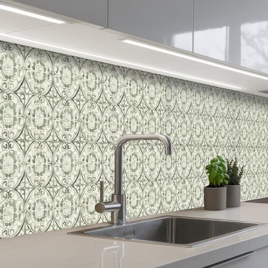 KitchenYeah Keuken achterwand 350x60 cm Spatscherm zelfklevend Krulornament Tegel Groen Muurbeschermer Spatwand fornuis