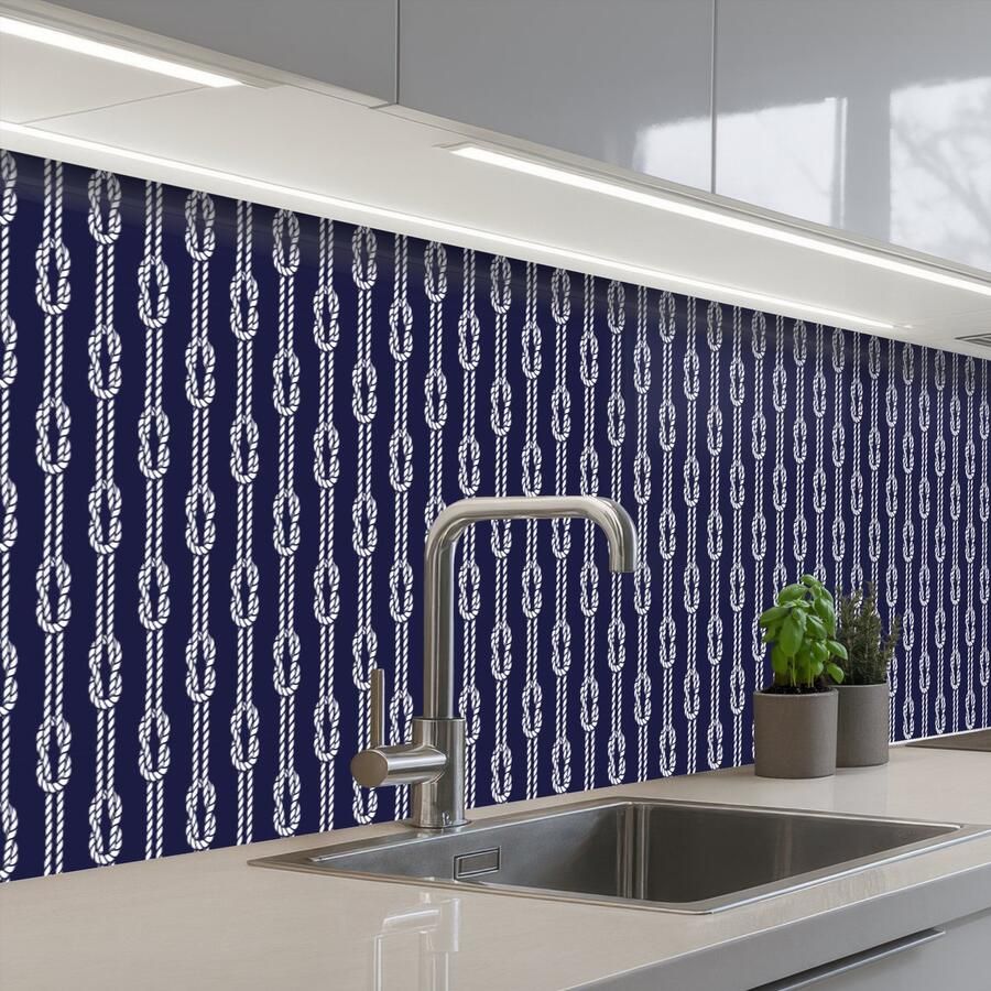 KitchenYeah Keuken achterwand 350x60 cm Spatscherm zelfklevend Oceaan Touw Blauw Wit Muurbeschermer Spatwand fornuis