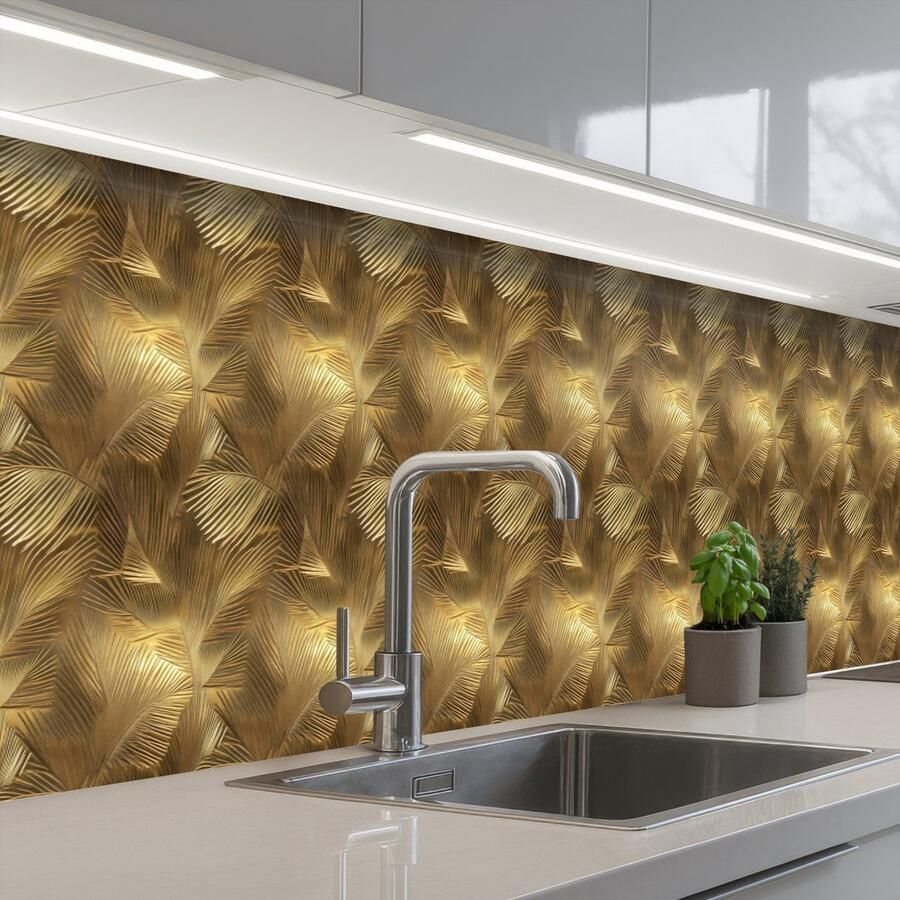 KitchenYeah Keuken achterwand 350x60 cm Spatscherm zelfklevend Palm Waaier Goud Muurbeschermer Spatwand fornuis