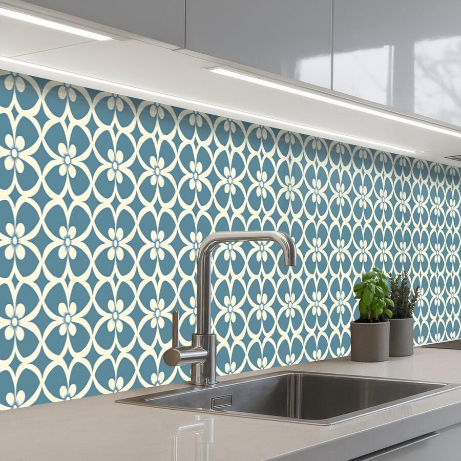 KitchenYeah Keuken achterwand 350x60 cm Spatscherm zelfklevend Patroon Symmetrisch Blauw Muurbeschermer Spatwand fornuis