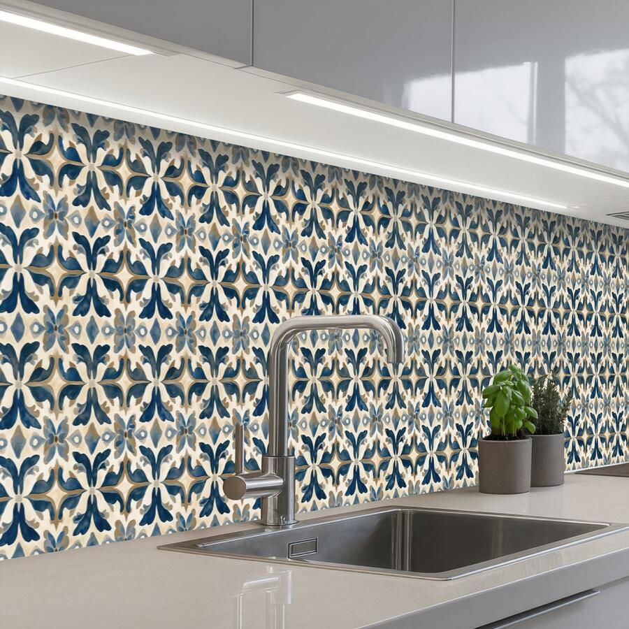 KitchenYeah Keuken achterwand 350x60 cm Spatscherm zelfklevend Tegel Patroon Blauw Beige Muurbeschermer Spatwand fornuis