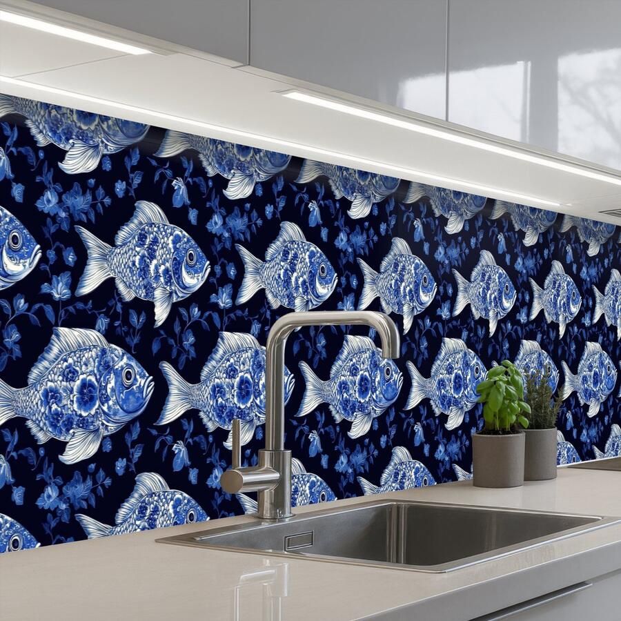 KitchenYeah Keuken achterwand 350x60 cm Spatscherm zelfklevend Vissen Bloemen Blauw Muurbeschermer Spatwand fornuis