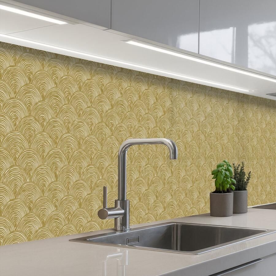 KitchenYeah Keuken achterwand 350x60 cm Spatscherm zelfklevend Waaier Geometrisch Groen Muurbeschermer Spatwand fornuis
