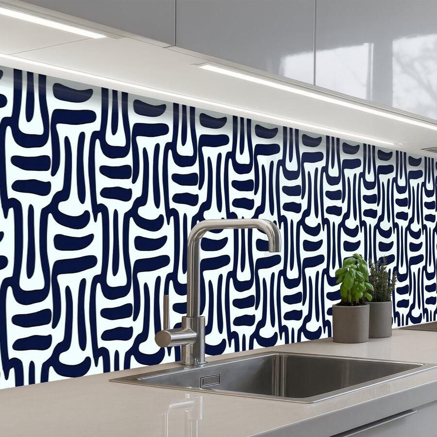 KitchenYeah Keuken achterwand 400x60 cm Spatscherm zelfklevend Abstract Modern Blauw Muurbeschermer Spatwand fornuis