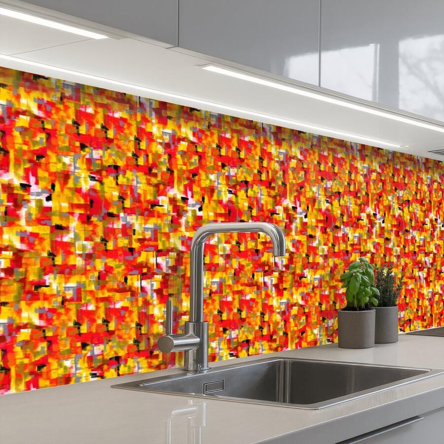 KitchenYeah Keuken achterwand 400x60 cm Spatscherm zelfklevend Abstract Verf Rood Muurbeschermer Spatwand fornuis