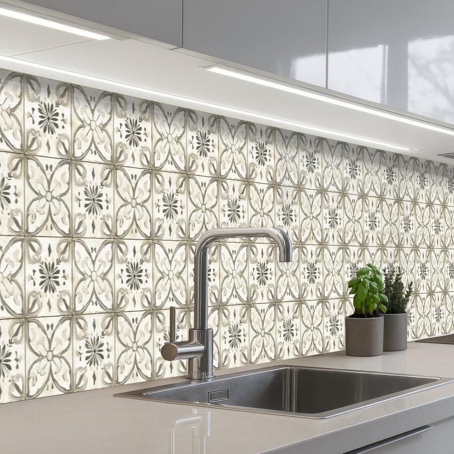 KitchenYeah Keuken achterwand 400x60 cm Spatscherm zelfklevend Antiek Tegel Beige Muurbeschermer Spatwand fornuis