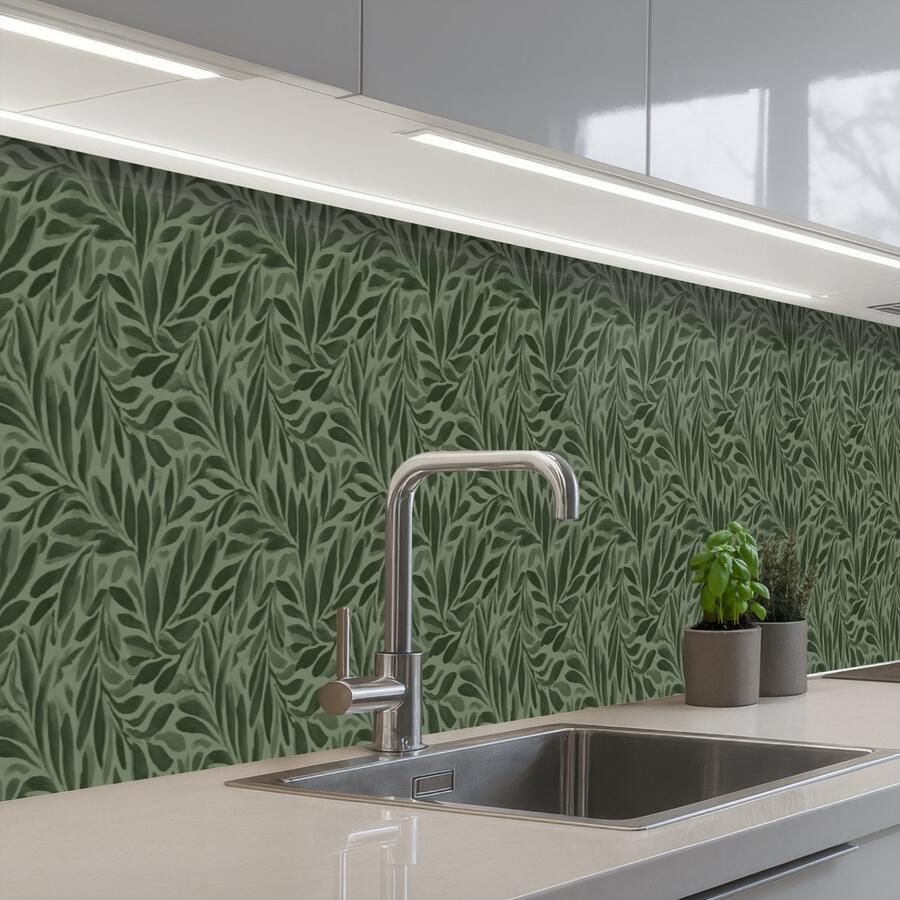 KitchenYeah Keuken achterwand 400x60 cm Spatscherm zelfklevend Bladeren Organisch Groen Muurbeschermer Spatwand fornuis