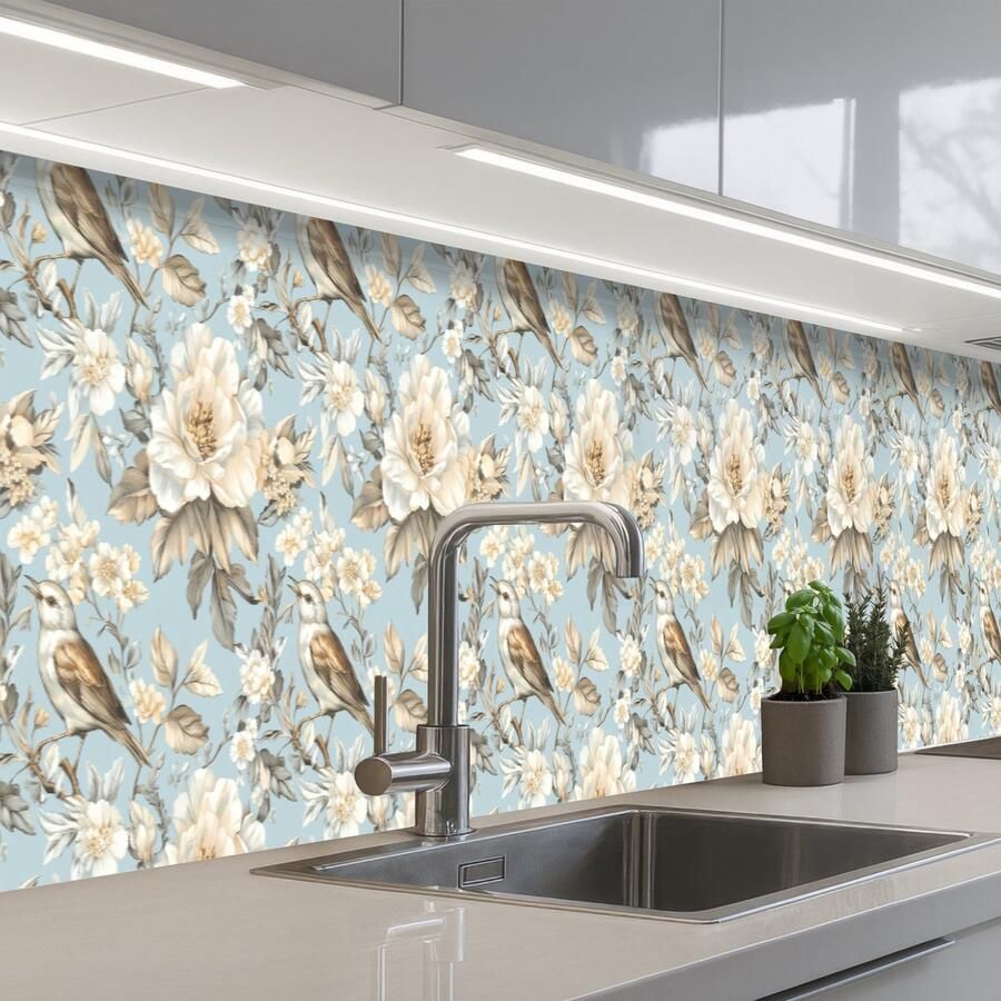 KitchenYeah Keuken achterwand 400x60 cm Spatscherm zelfklevend Botanisch Zangvogel Blauw Muurbeschermer Spatwand fornuis