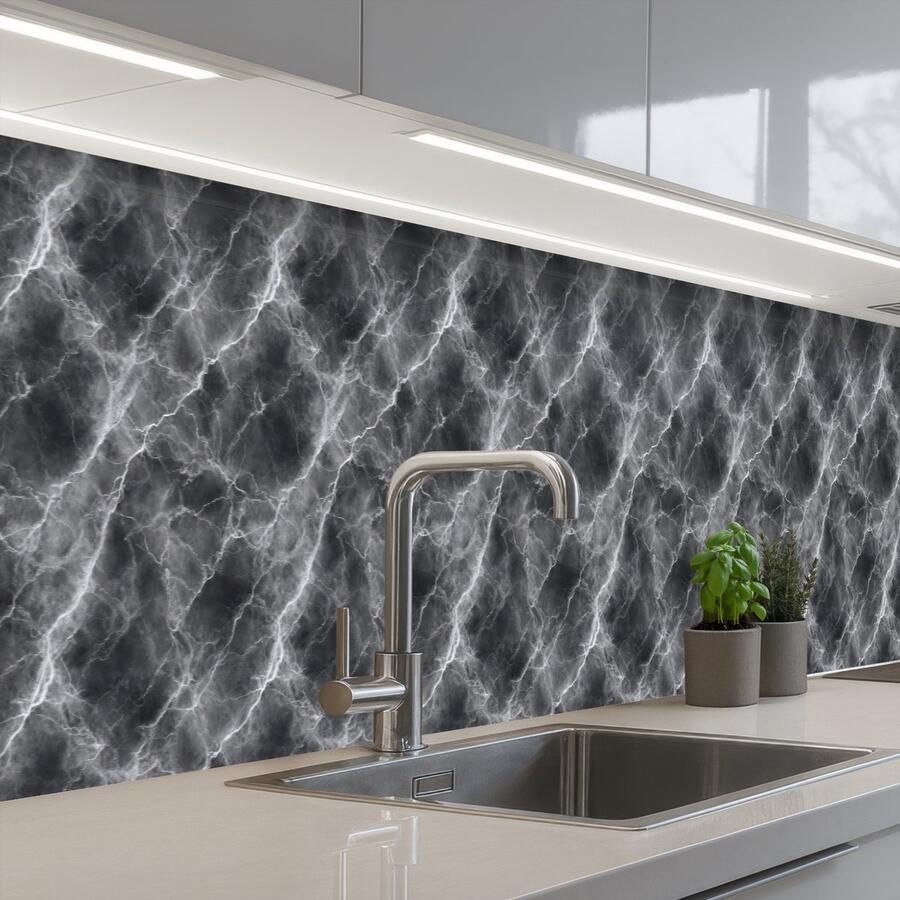 KitchenYeah Keuken achterwand 400x60 cm Spatscherm zelfklevend Donkergrijs Bliksem Marmer print Muurbeschermer Spatwand fornuis