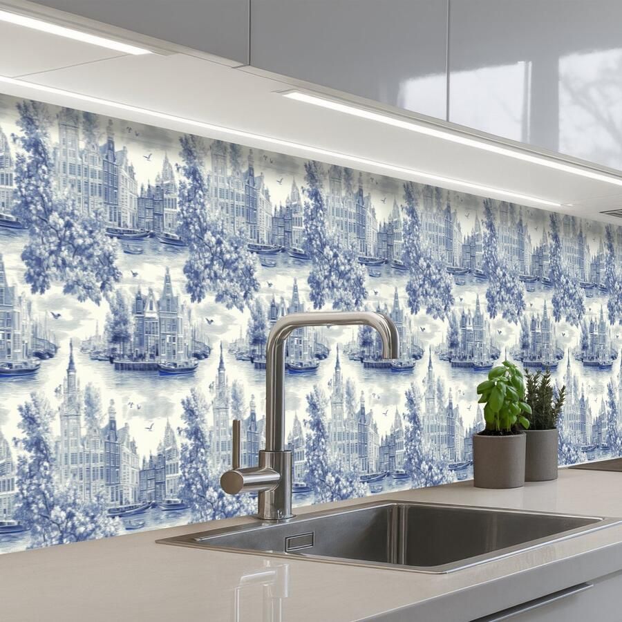 KitchenYeah Keuken achterwand 400x60 cm Spatscherm zelfklevend Huizen Bomen Water Vogels Blauw Muurbeschermer Spatwand fornuis