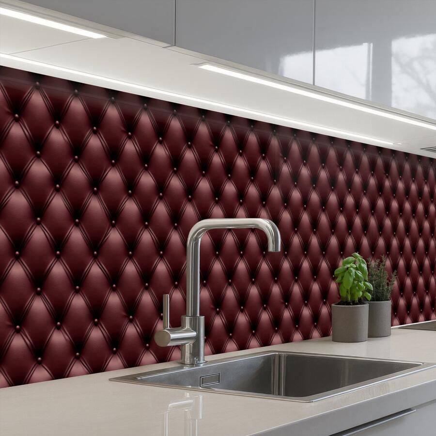 KitchenYeah Keuken achterwand 400x60 cm Spatscherm zelfklevend Leer Patroon Bordeaux Muurbeschermer Spatwand fornuis