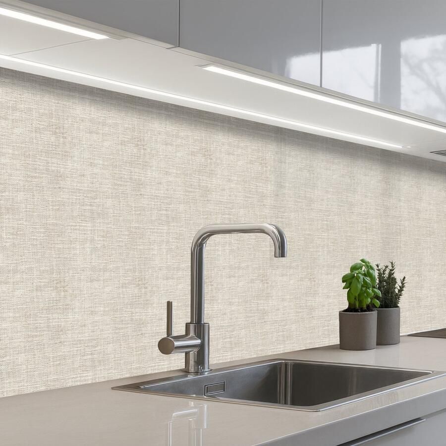 KitchenYeah Keuken achterwand 400x60 cm Spatscherm zelfklevend Linnen Textuur Beige Muurbeschermer Spatwand fornuis