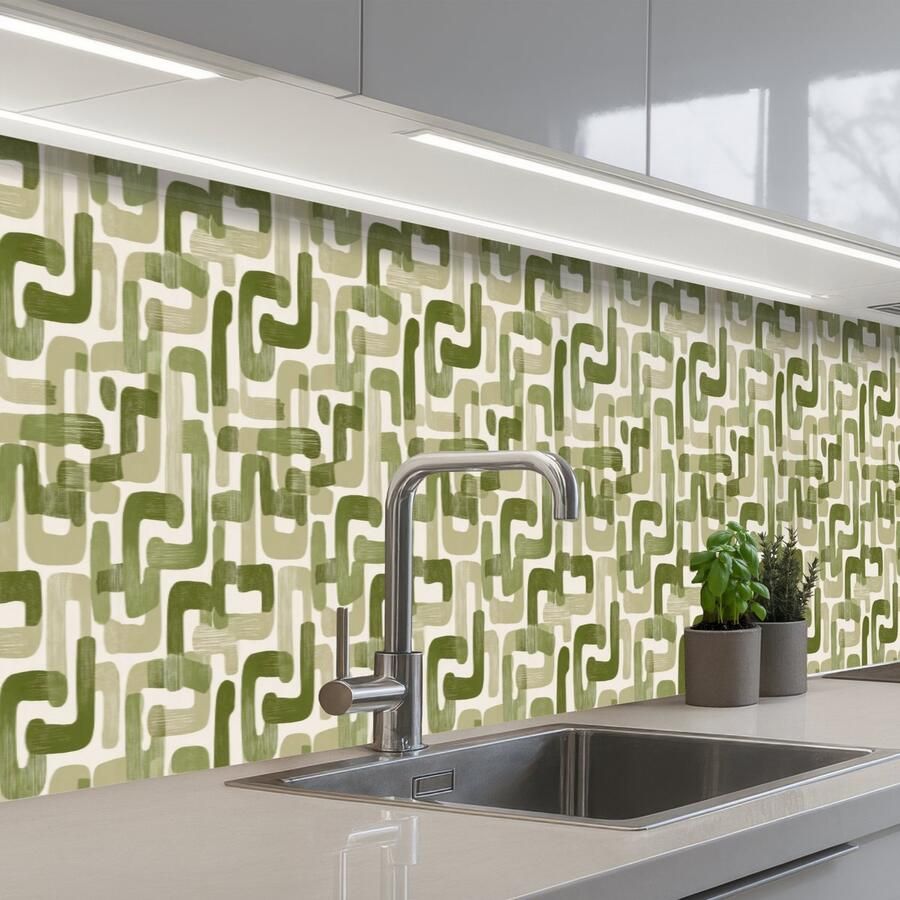 KitchenYeah Keuken achterwand 400x60 cm Spatscherm zelfklevend Modern Grafisch Groen Muurbeschermer Spatwand fornuis