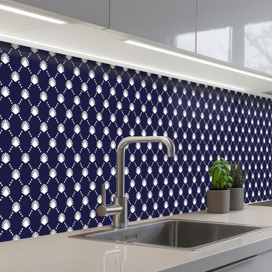 KitchenYeah Keuken achterwand 400x60 cm Spatscherm zelfklevend Oceaan Schelp Blauw Wit Muurbeschermer Spatwand fornuis