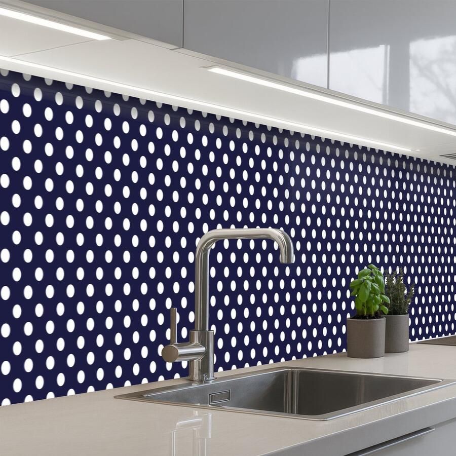 KitchenYeah Keuken achterwand 400x60 cm Spatscherm zelfklevend Oceaan Stippen Blauw Wit Muurbeschermer Spatwand fornuis