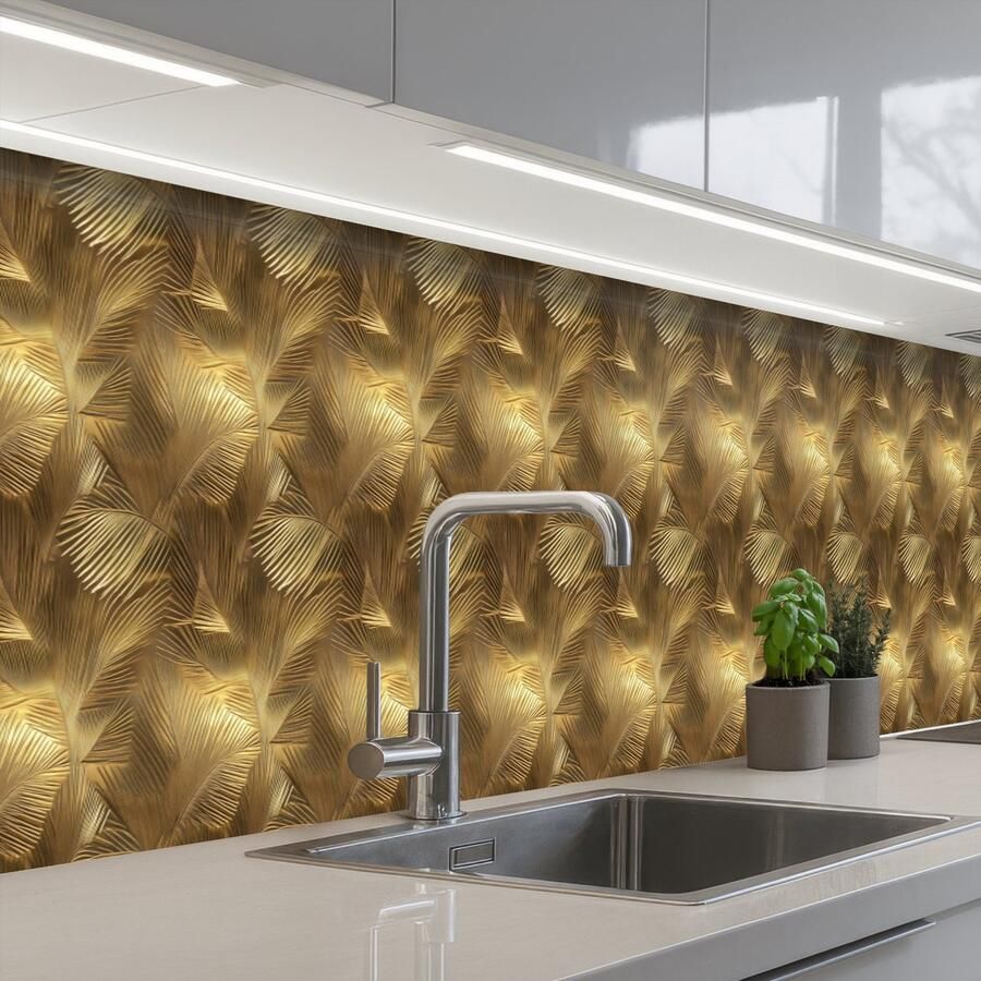 KitchenYeah Keuken achterwand 400x60 cm Spatscherm zelfklevend Palm Waaier Goud Muurbeschermer Spatwand fornuis