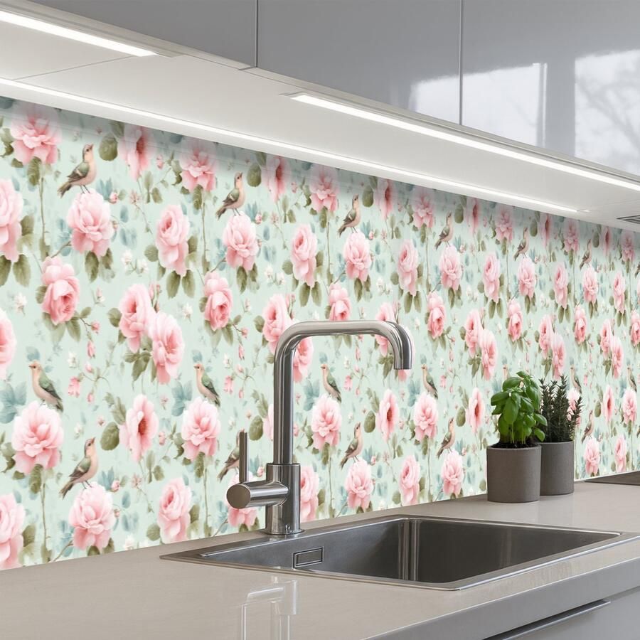 KitchenYeah Keuken achterwand 400x60 cm Spatscherm zelfklevend Rozen Vogels Pastel Kleurrijk Muurbeschermer Spatwand fornuis