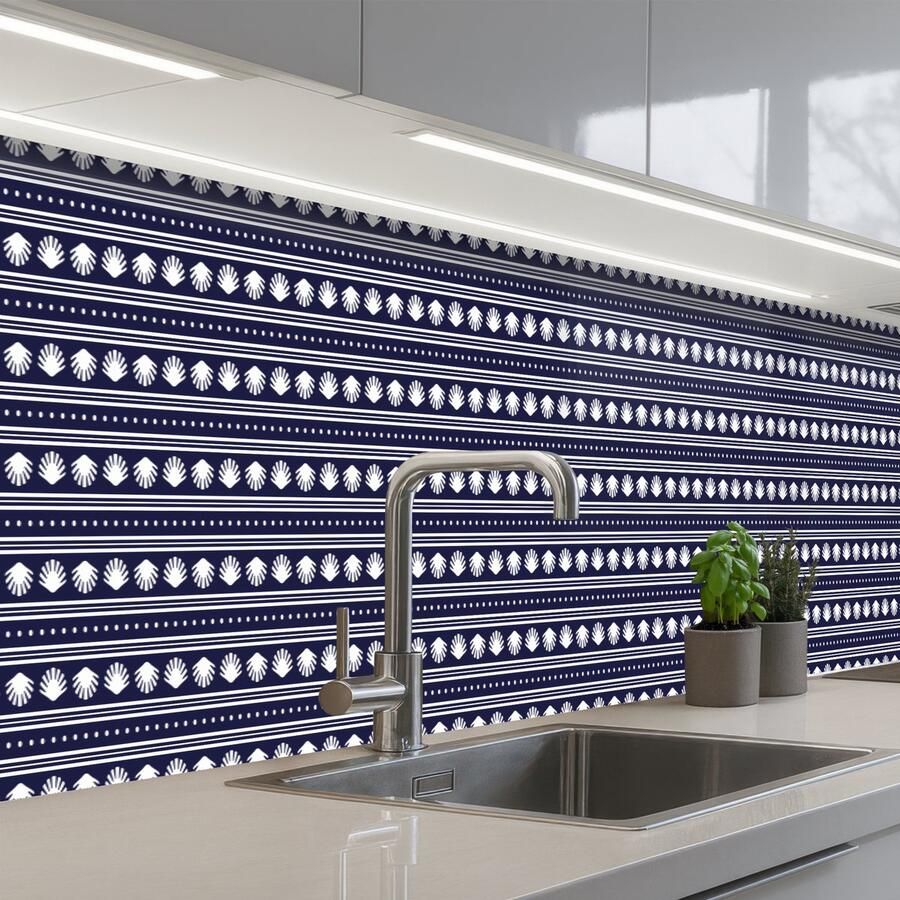 KitchenYeah Keuken achterwand 400x60 cm Spatscherm zelfklevend Schelp Nautisch Blauw Wit Muurbeschermer Spatwand fornuis