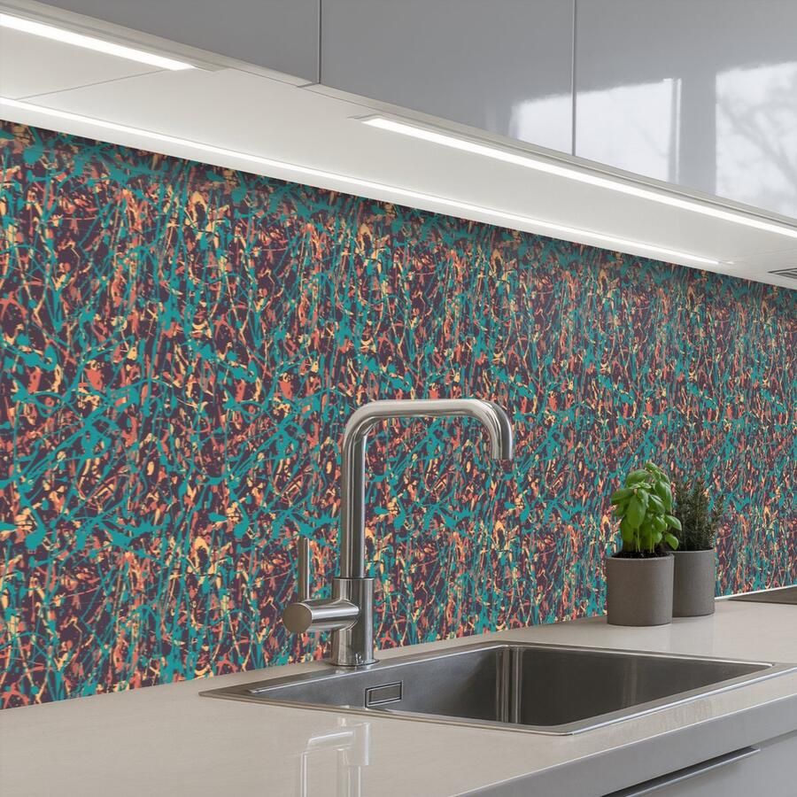 KitchenYeah Keuken achterwand 400x60 cm Spatscherm zelfklevend Spat Abstract Oranje Groen Muurbeschermer Spatwand fornuis