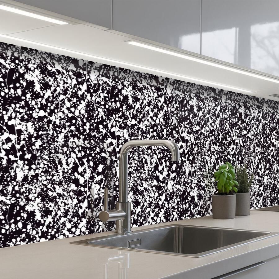 KitchenYeah Keuken achterwand 400x60 cm Spatscherm zelfklevend Spat Stippen Zwart Wit Muurbeschermer Spatwand fornuis