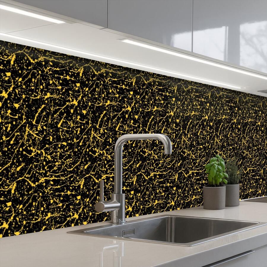 KitchenYeah Keuken achterwand 400x60 cm Spatscherm zelfklevend Spat Waterverf Geel Zwart Muurbeschermer Spatwand fornuis