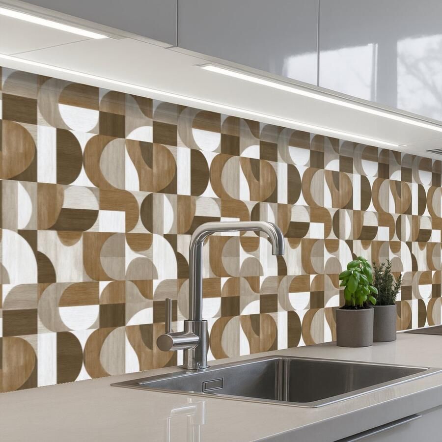 KitchenYeah Keuken achterwand 400x80 cm Spatscherm zelfklevend Abstract Retro Bruin Muurbeschermer Spatwand fornuis