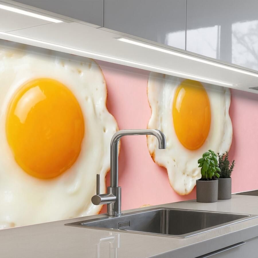 KitchenYeah Keuken achterwand 400x80 cm Spatscherm zelfklevend Eieren Bloem Roze Muurbeschermer Spatwand fornuis