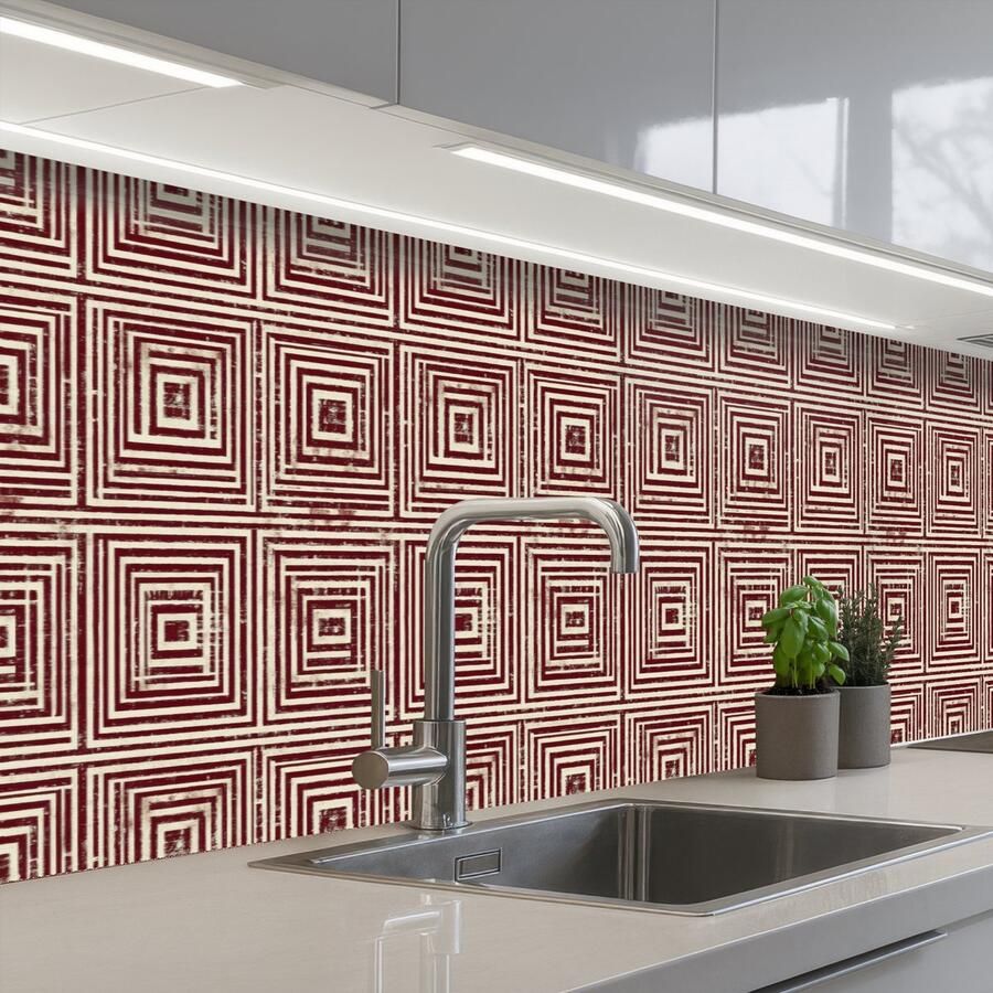 KitchenYeah Keuken achterwand 400x80 cm Spatscherm zelfklevend Geometrisch Patroon Rood Muurbeschermer Spatwand fornuis