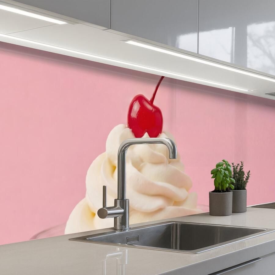 KitchenYeah Keuken achterwand 400x80 cm Spatscherm zelfklevend Kers Slagroom Roze Muurbeschermer Spatwand fornuis