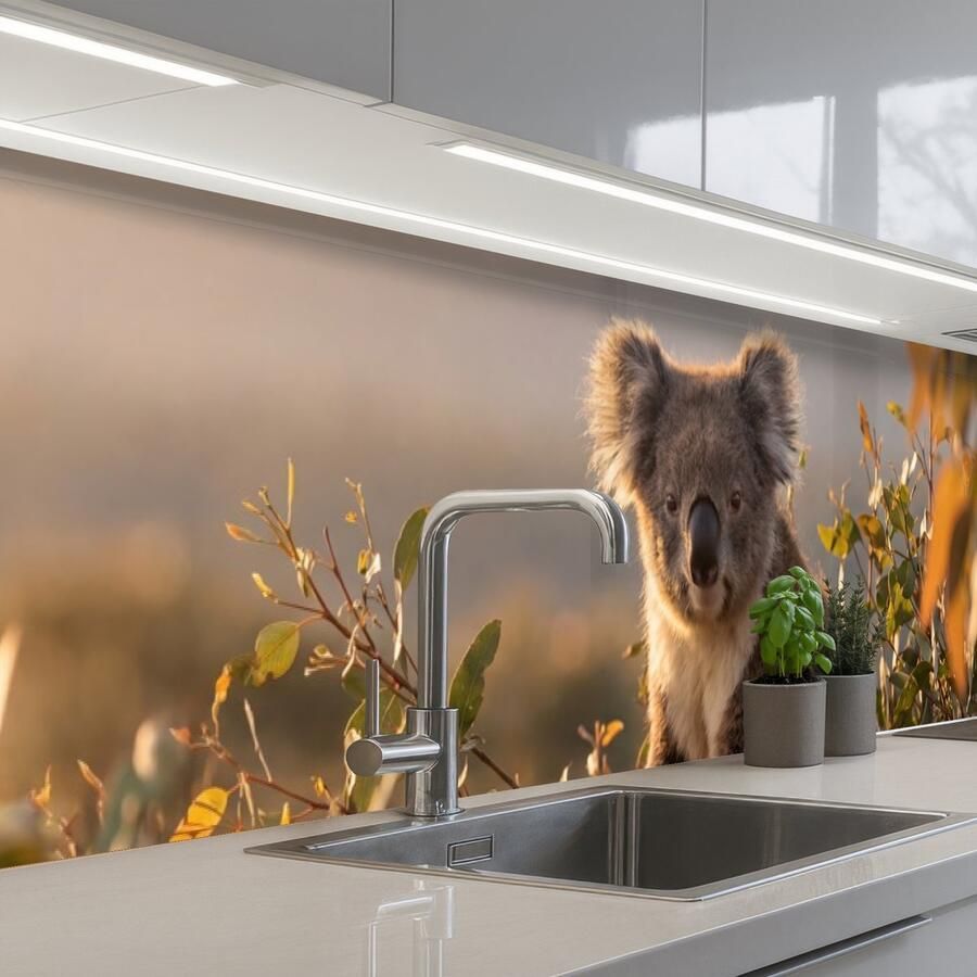 KitchenYeah Keuken achterwand 400x80 cm Spatscherm zelfklevend Koala Bladeren Ochtendlicht Muurbeschermer Spatwand fornuis